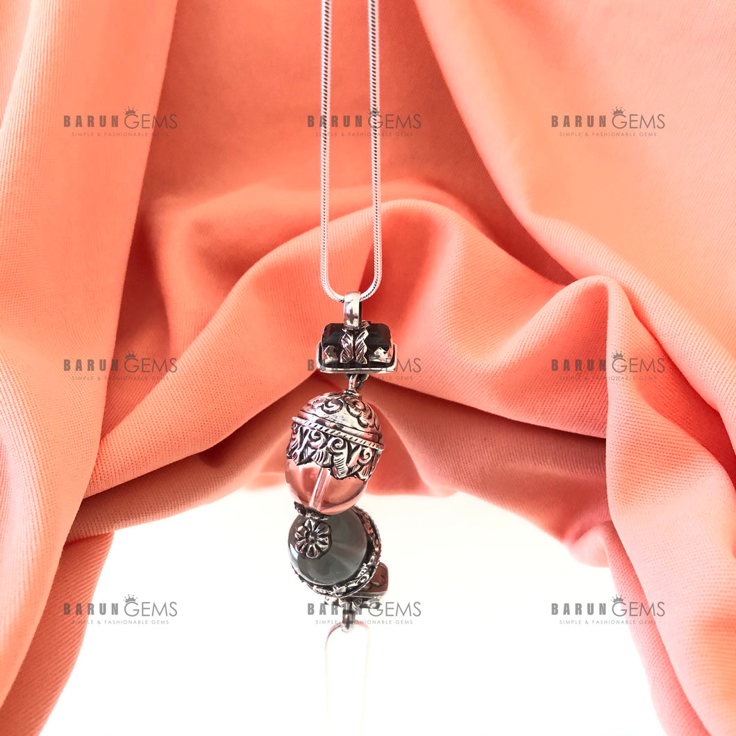 Individually Hand-crafted Silver Crystal Ball & Labradorite Atop Pendant on Silver Necklace.
