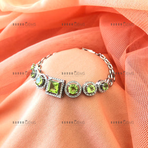 Individually Hand-crafted Peridot Gemstone Silver Bracelet surrounded by Cubic Zirconia & Rhodium.