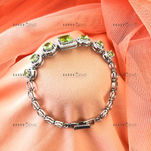 Individually Hand-crafted Peridot Gemstone Silver Bracelet surrounded by Cubic Zirconia & Rhodium.