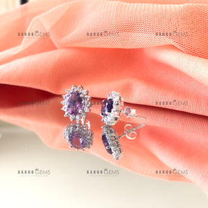 Individually Hand-crafted Pair of Silver Amethyst Gemstone Studs surrounded by Cubic Zirconia &amp; Rhodium.