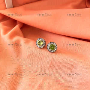 Individually Hand-crafted Pair of Peridot Gemstone Silver Studs surrounded by Cubic Zirconia & Rhodium.