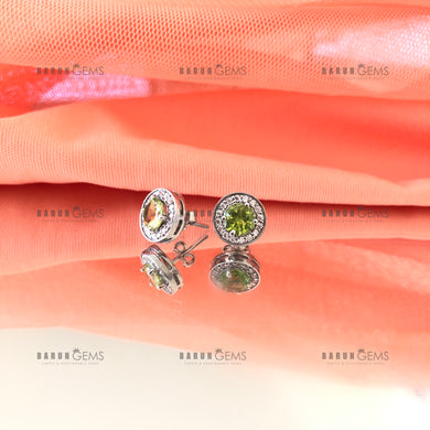 Individually Hand-crafted Pair of Peridot Gemstone Silver Studs surrounded by Cubic Zirconia & Rhodium.
