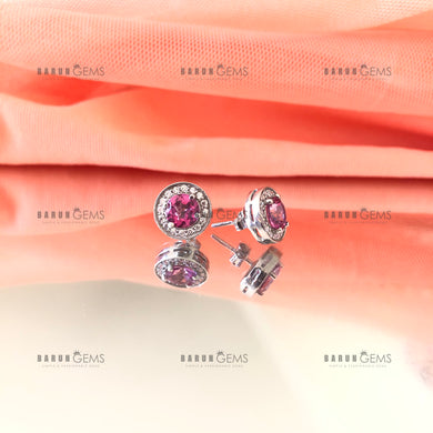 Individually Hand-crafted Pair of Silver Pink Topaz Gemstone Studs surrounded by Cubic Zirconia & Rhodium.