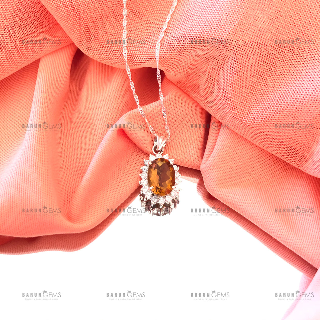 Individually Hand-crafted Silver Citrine Gemstone Pendant Necklace surrounded by Cubic Zirconia & Rhodium.