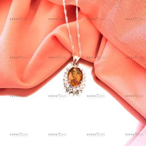 Individually Hand-crafted Silver Citrine Gemstone Pendant Necklace surrounded by Cubic Zirconia &amp; Rhodium.