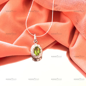 Individually Hand-crafted Silver Peridot&nbsp;Gemstone Pendant Necklace surrounded by Cubic Zirconia &amp; Rhodium.